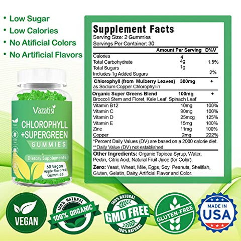 Vazatisi - 2 Pacote Gomas de Clorofila com Superalimentos Orgânicos, Antioxidante Natural, Combate ao Odor Corporal, Estímulo Energético, Suporte Imunológico, Digestão, Cuidados com a Pele, Mulheres
