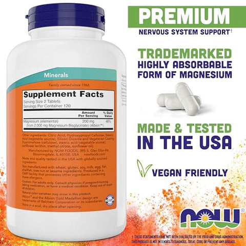 NOW Foods - Now Foods Magnesium Glycinate – 240 Tablets (Pack of 2) – Suporte para Funções Musculares e Nervosas Saudáveis – Não-OGM