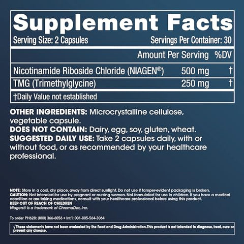 Nicotinamide Riboside Pro 500 – Patenteado NR Niagen 500mg + 250mg TMG. Impulsionador de NAD. Comprovado em 300 estudos. 30 porções - ProHealth