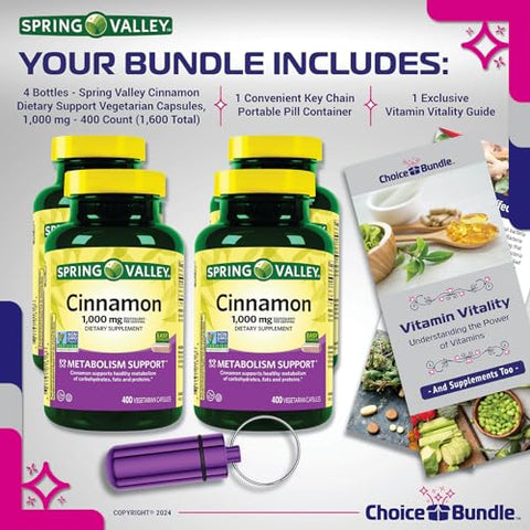 ChoiceBundle - Spring Valley Cápsulas Vegetarianas de Canela 1000mg, 400 unid. 4pk Bundle Escolha (1600 Total) Guia “Vitalidade Vitamínica