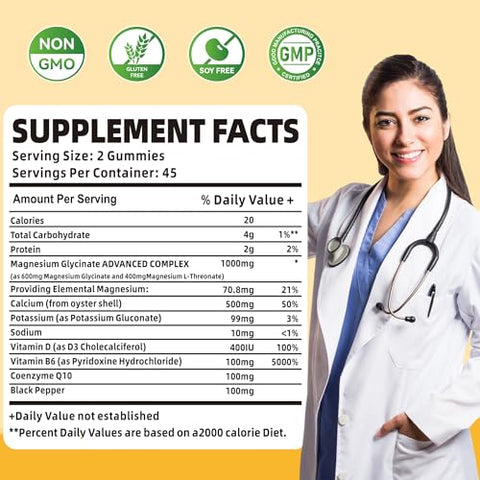 Novomins - Gomas de Magnésio Glicinato 1000mg – Sem Açúcar, com Potássio, Vitamina D, B6 e CoQ10 para Calma e Bem-Estar | Marca: 90 CT