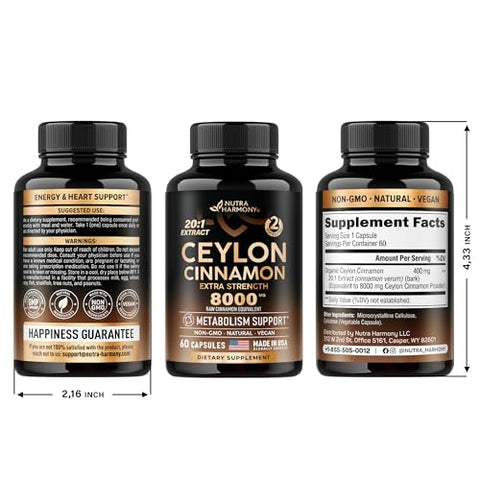 NUTRAHARMONY - Cápsulas de Canela do Ceilão – 8000 mg, Extra Forte – Fabricado nos EUA – Energia, Coração