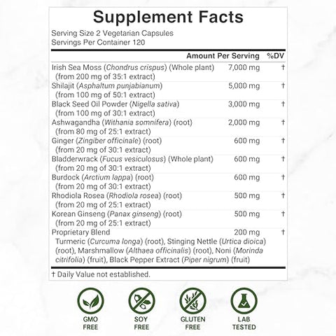 DEAL SUPPLEMENT - Irish Sea Moss 7000mg por Porção, 240 Cápsulas Vegetais – Complexo de 14 Superfoods – 3000mg de Óleo de Semente Preta, 2000mg de Ashwagandha, 600mg de Gengibre, 5000mg de Shilajit, 600mg de Bladderwarck
