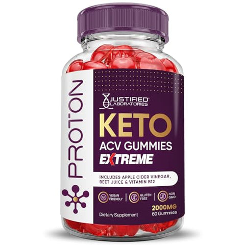 Justified Laboratories - (2 Pacotes) Gomas de Proteína Proton Keto ACV Extreme 2000MG – Gomas de Proton Keto de Vinagre de Maçã Formuladas com Suco de Romã e Beterraba em Pó B12 Vegan Non GMO 120 Gomas