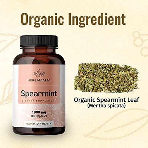 HERBAMAMA - 100 Cápsulas de Hortelã-pimenta – 1000 mg – Suplemento Diário Orgânico de Mentha Spicata – Suporte Natural para Digestão : Spearmint