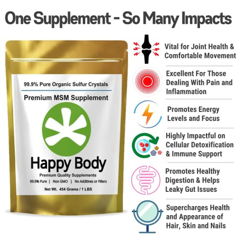 HAPPY BODY - Organic Sulfur Crystals – Suplemento Premium de MSM em Cristais 99% Puros – Excelente Qualidade e Absorção – Embalagem de 454g
