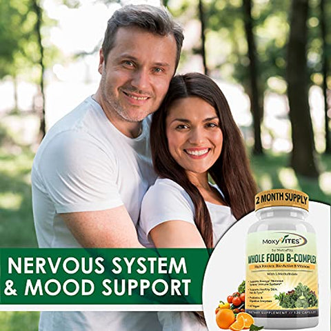 MoxyVites - Complexo de Vitamina B – Suplemento Alimentar de Vitaminas B em Alimentos Integrais, B12 Metilcobalamina, B1, B2, B3, B5, B6, B7, B9 – para Estresse, Energia e Suporte Imunológico, Vegano, 120 Cápsulas