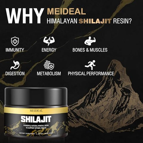 Meideal - Shilajit Puro Himalaia Orgânico Resina de Shilajit, Grau Ouro Resina de Shilajit com 85 Minerais Traços – 100% Natural e Poderoso