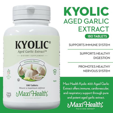 Kyolic – Suplemento de Alho Orgânico Kosher com Extrato de Alho Envelhecido Kyolic para Suporte Imunológico – Comprimidos Vegetarianos de Alho (180 Unidades) - Maxi Health