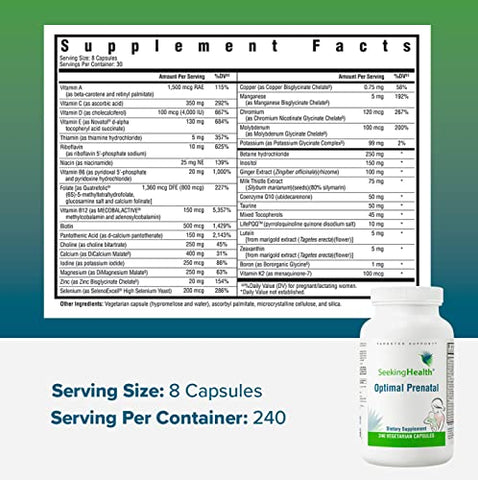 Optimal Prenatal – Vitaminas para Mulheres com B12, Metilfolato, Colina, Suporte à Metilação, Nutrientes para Fertilidade e Gravidez - Seeking Health