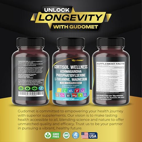 GUDOMET - CORTISOL WELLNESS – Magnésio Ashwagandha L-Teanina Fosfatidilserina Rhodiola Rosea Passiflora Lavanda Camomila – 150 Cápsulas – Fabricado nos EUA