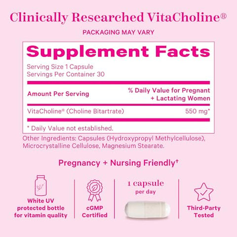 Choline – 550 mg Bitartarato de Colina da VitaCholine para Mamães Grávidas e Pós-Parto – Vitamina Pré-Natal para Saúde Cognitiva Fetal e Qualidade do Leite Materno – 1 Cápsula - Pink Stork