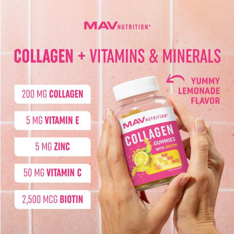 MAV NUTRITION - Gomas de Colágeno para Mulheres | 200mg Colágeno Hidrolisado 2500mcg Biotina, Com Vitamina C, E