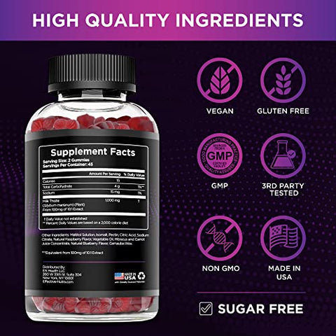 EFFECTIVE NUTRA - Milk Thistle Gummies – Extrato de Cardo Mariano 1000mg, Desintoxicação do Fígado e Suporte Antioxidante (90ct)