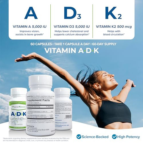 Suplemento Vitamínico ADK: Vitamina A, Vitamina D3 5000 UI e Vitamina K2 MK-7, Suporte à Saúde Óssea – Vitamina ADK Pura D3 K2 MK7 - Power By Naturals