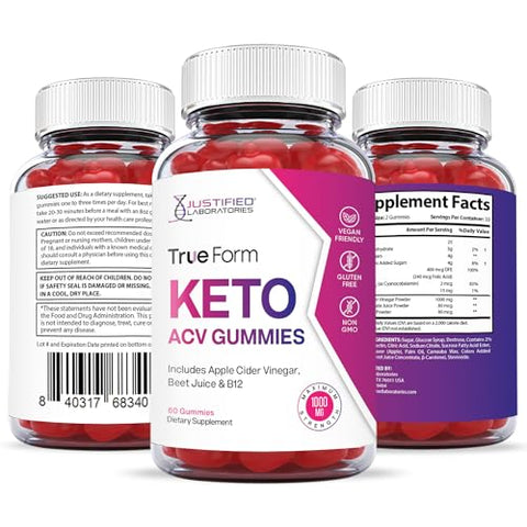 Gummies True Form Keto ACV Justified Laboratories 1000MG Vegan Non GMO com Suco de Romã Beterraba B12 60 Gummys