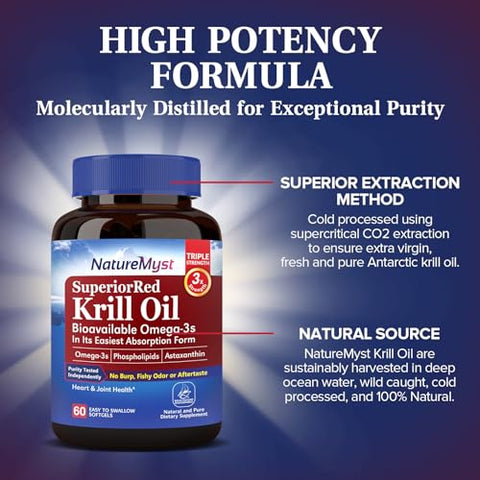 NatureMyst - Óleo de Krill Profissional, Antártico de Alta Qualidade, 60 Softgels Líquidos, Livre de Transgênicos, Sem Glúten, Fabricado nos EUA