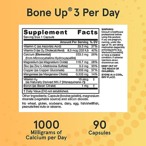 BoneUp Três Por Dia Para Suporte Ósseo e Nutrição Esquelética, Inclui Vitamina D3, K2 (como MK-7) e 1000 mg de Cálcio Por Dia, 90 Cápsulas, Fornecimento de 30 Dias - Jarrow Formulas
