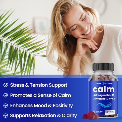NutraChamps - Calm Gummies | Suplemento de Gomas para o Estresse com Ashwagandha, L-Theanine, GABA, Vitamina B6 | Marca em Destaque