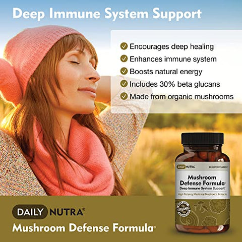 DailyNutra - Fórmula de Defesa de Cogumelos – Suplemento de Suporte Imunológico | Cogumelos Orgânicos, Extraídos em Água Quente – Reishi, Chaga, Maitake, Shiitake | Marca: Mushroom Defense Formula