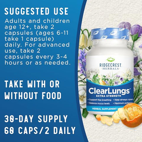 ClearLungs Extra Strength – Fórmula Natural para Saúde Pulmonar, Nasal, Brônquica, Respiratória, Sinusal e Suporte de Muco (60 Cáps, 30 Serv) - RidgeCrest Herbals