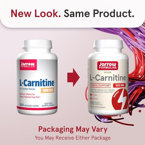 L-Carnitina 500 mg, Suplemento Alimentar, Suporte para Produção de Energia Celular, 100 Cápsulas Vegetais, Fornecimento de 100 Dias - Jarrow Formulas
