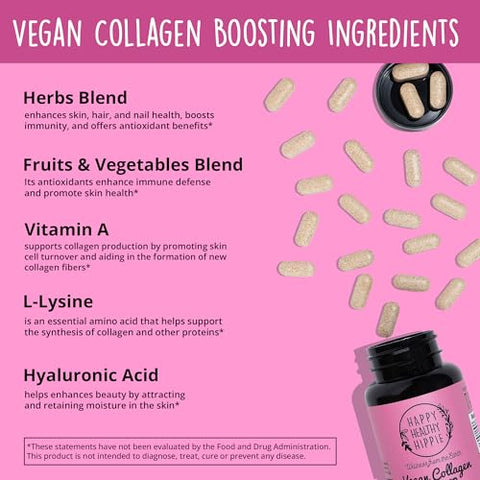 Happy Healthy Hippie - Vegan Collagen Builder com Ácido Hialurônico – Cápsulas de Colágeno para Brilho Juvenil | Queratina