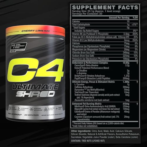 C4 Ultimate Shred – Pó pré-treino com extrato de pimenta caiena 300mg cafeína TeaCrine Dynamine – Sabor cereja limonada, 20 porções - Cellucor
