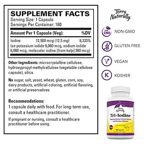 Tri-Iodine 12.5 mg – 12500 mcg Iodo, 180 Cápsulas Veganas – Equilíbrio Hormonal, Estimula o Seio - Terry Naturally