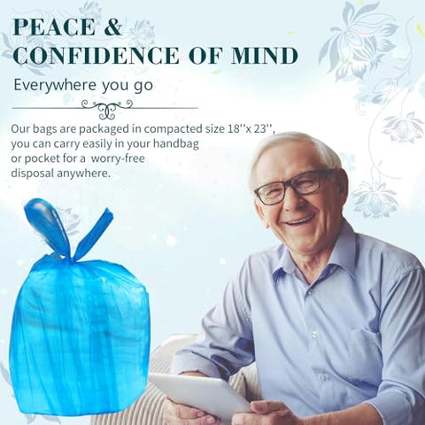 Dergik - Sacolas Descartáveis para Fraldas de Adulto Grandes (45cm x 58cm), 96 Unidades, Perfumadas, Discretas para Descarte de Resíduos de Idosos, Sacos para Lixo de Fraldas de Bebê, Descarte Higiênico em Casa e Viagens, Azul