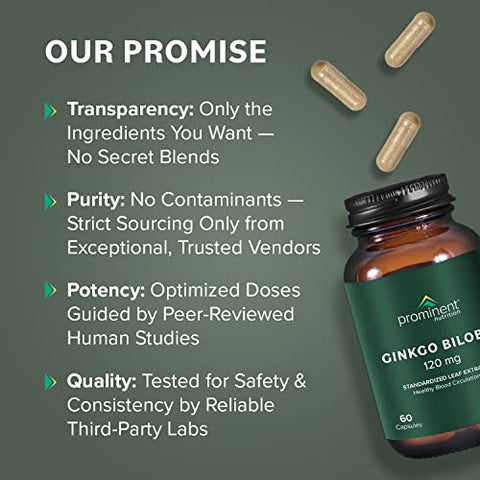Prominent Nutrition - Ginkgo Biloba 120mg – Extrato de Folha de Ginkgo Biloba, Suplemento Herbal para Apoiar a Memória – Marca Ginkgo Biloba