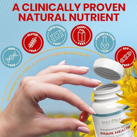 Natural BioScience - Suplemento de Fosfatidilserina 100mg Livre de Soja – Saúde Cerebral, Memória, Controle de Cortisol, Agilidade Mental – PS100 Patenteado, Lecitina de Girassol