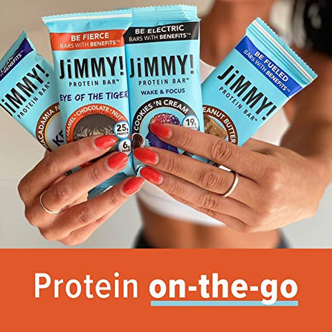 JIMMYBAR - JiMMY’S! Barra de Proteína Funcional – Caramelo Chocolate Nut – Eye of the Tiger – 12 Unidades – Barra de Proteína de Alto Desempenho com Cafeína e Cúrcuma – Baixo teor de açúcar, 25g de Proteína