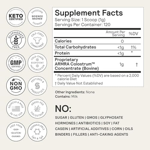 Colostrum™ Premium em Pó, Alimentação Natural, Saúde Intestinal, Imunidade e Pele - ARMRA