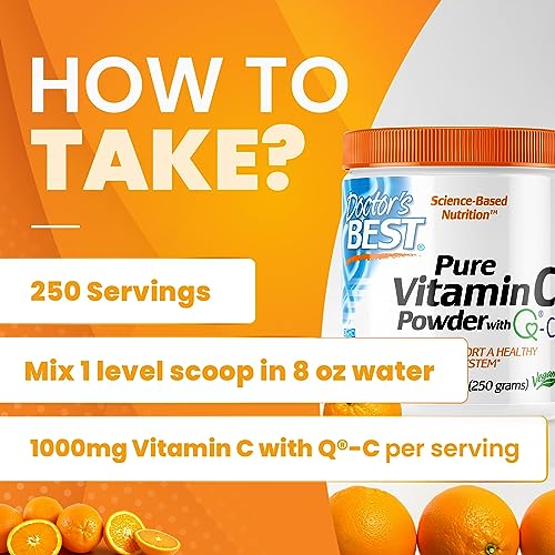 Doctor's BEST - Vitamina C em Pó Doctor’s Best com Q-C, Sistema Imunológico Saudável, Cérebro, Olhos, Coração e Circulação, Articulações, Origem Escócia, 250g