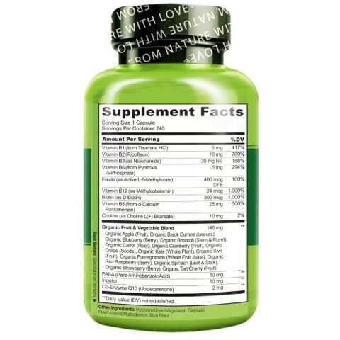 B Complex – Complexo de Alimentos Integrais com Vitamina B6, Folate, B12, Biotina – Energia e Redução do Estresse – Alta Potência – Vegano – Vegetariano – Não Transgênico – Sem Glúten – 240g - NATURELO