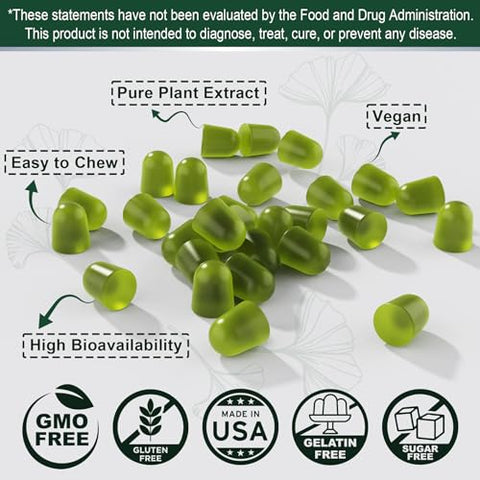 Nextdia - Gummies Ginkgo Biloba Sem Açúcar 500mg, Circulação Saudável, Com Ginseng Panax, Vitamina B12, Rhodiola Rosea, Bacopa Monnieri – Máximo de Resultados