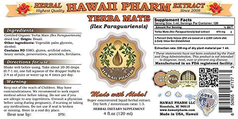 Yerba Mate Líquido, Extrato Orgânico de Yerba Mate (Ilex Paraguariensis), Tintura Herbal, Hawaii Pharm, Feito nos EUA, 2×120 ml