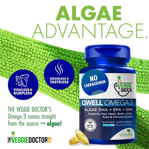 The Veggie Doctor - Suplemento Ômega 3 Vegano – Alternativa ao Óleo de Peixe Ômega 3 – Livre de Carragena – Suplementos de Ácidos Graxos Ômega 3 à Base de Algas – DHA, EPA, DPA – Coração, Cérebro, Articulações, Olhos, Imunidade