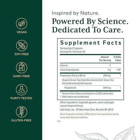 Pro Chá Verde – Suplemento Herbal de Chá Verde para a Saúde do Coração – Com Folha e Extrato de Chá Verde Orgânico – 60 Cápsulas Líquidas Veganas de Fitoterapia (30 Porções) - Gaia Herbs