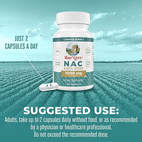 Cápsulas de Suplemento Nutricional, N-Acetil Cisteína, 2 Meses de Fornecimento, NAC 1000mg por Porção, Vegano, Não-OGM, Sem Glúten, 120 Unidades - MaryRuth Organics