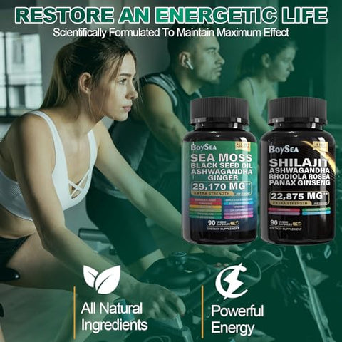 Pacote Boysea.Sea Moss e shilajit – 90 unidades – Sea Moss 7000mg, Óleo de Semente Preta 4000mg, Ashwagandha 2000mg, Gengibre