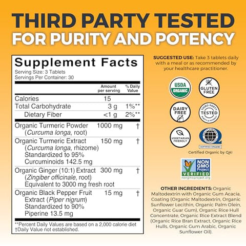 Viva Naturals - Suplemento Orgânico de Cúrcuma e Gengibre para Suporte Articular e Saúde Cardíaca – 1450 mg por porção Cápsulas de Cúrcuma e Gengibre com 150 de Cúrcuma Padronizada para 95% de Curcuminoides e 15g de Gengibre