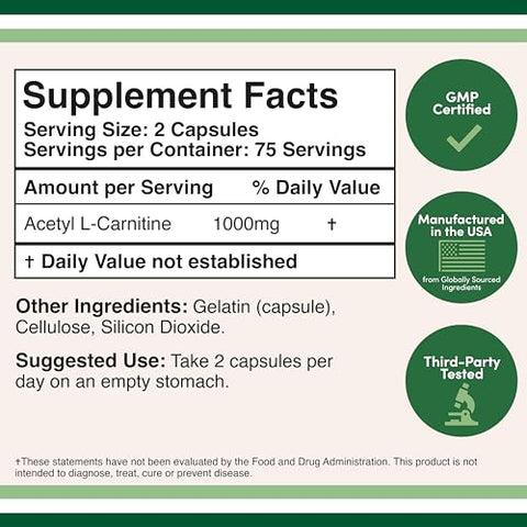 Double Wood Supplements - Acetyl L-Carnitine 1,000mg por Porção, 150 Cápsulas (ALCAR para Suporte à Função Cerebral, Memória, Atenção e Resistência) – Testado por Terceiros pela Double Wood