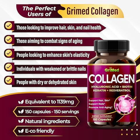 Colágeno Orgânico 6.419 mg com Ácido Hialurônico, Biotina, Queratina, Resveratrol – Vitaminas para Cabelo, Pele e Unhas – Fabricado nos EUA (90 Comprimidos) - GriMed