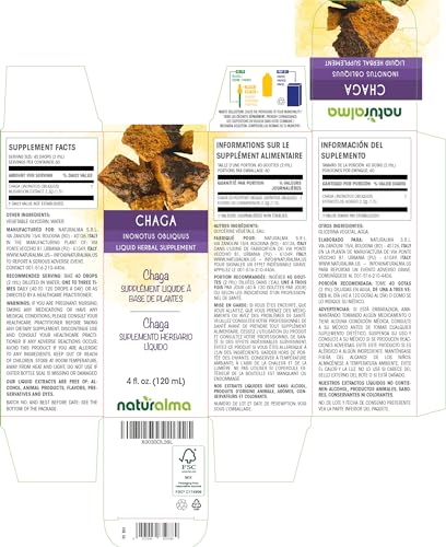Chaga (Inonotus obliquus) – Tintura sem álcool de cogumelo – Extrato líquido em gotas de 118 ml – Suplemento herbal – Vegano - Naturalma