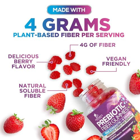 Nature's Nutrition - Fiber Gummies para Adultos 4g – Suplemento Diário de Fibra Prebiótica em Goma, Suporte para Saúde Digestiva – Fibra Solúvel à Base de Plantas, Favorece a Regularidade