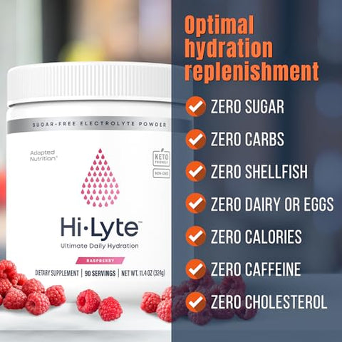 Adapted Nutrition - Hi-Lyte Pó de Eletrólitos de Framboesa, Bebida Hidratante Diária em Pó, 90 Porções | Sem Açúcar, 0 Calorias, 0 Carboidratos | Sem Maltodextrina. Livre de Glúten | Suporte para Keto | Leve