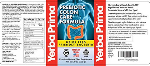 Fórmula de Cuidado do Cólon Prebiótico, 20 oz Pó com FOS – Fibra Natural de Psyllium, Magnésio, Selênio – Não-OGM, Sem Glúten, Suplemento Diário Vegano – para Homens - Yerba Prima