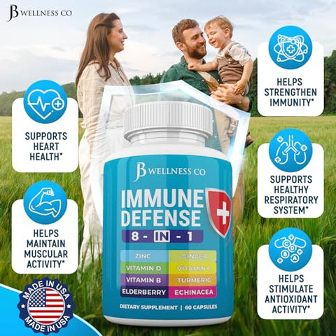 JB Wellness Co - Cápsulas 8 em 1 para Suporte Imunológico – Suplemento de Zinco, Vitamina D3 5000 UI, Vitamina C 1000MG e Sabugueiro – Reforço Imunológico com Equinácea, Gengibre e Cúrcuma – Marca: Immune Support